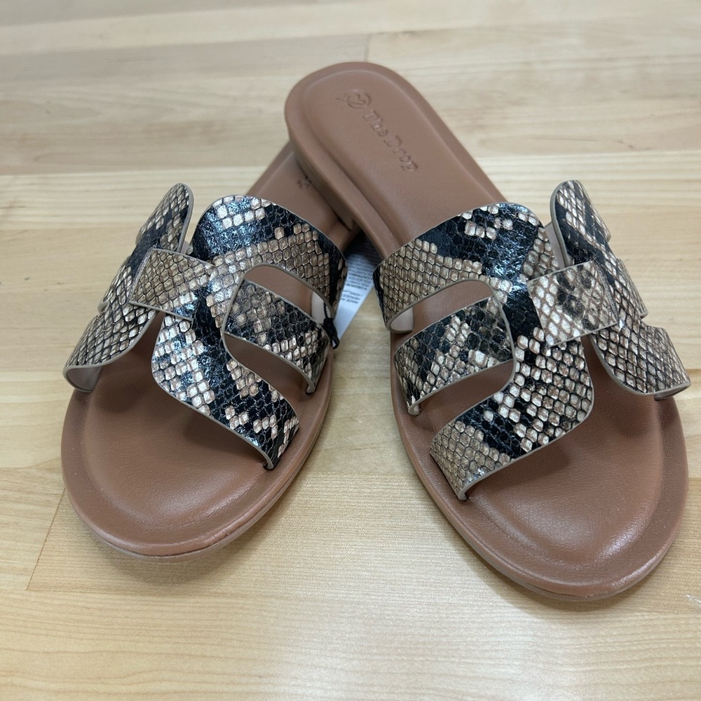 The Drop Snakeskin H Strap Slide Sandals Size 6.5 Brown Flat NWT